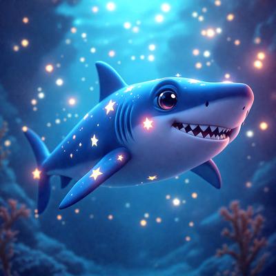 The primary subject of the image is a blue shark with a starry background. The shark is the main focus of the image, and it appears to be flying through the air. The setting is a nighttime scene with a starry background, which adds a sense of wonder and magic to the image. The visual style is a combination of digital art and illustration, creating a unique and captivating scene. The colors and mood of the image are predominantly blue and starry, giving it a serene and enchanting atmosphere.